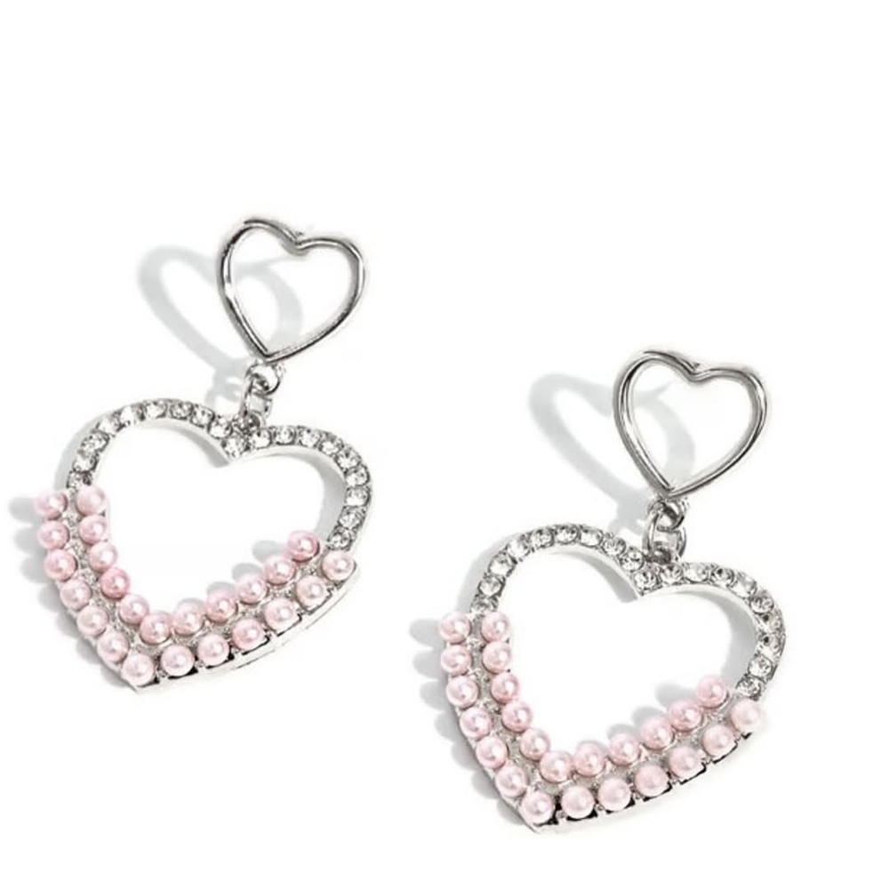 Paparazzi Silver and Pink Heart Earrings with Crystal Accents Dangling Damsel